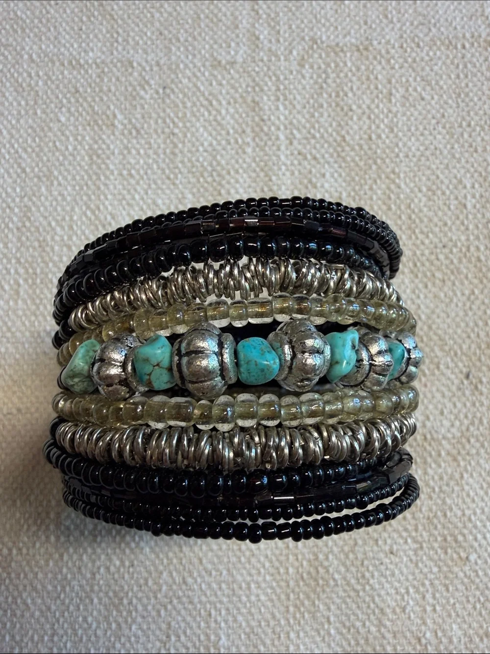 Turquoise and Silver Beaded Multi-Row Stretch Bracelet